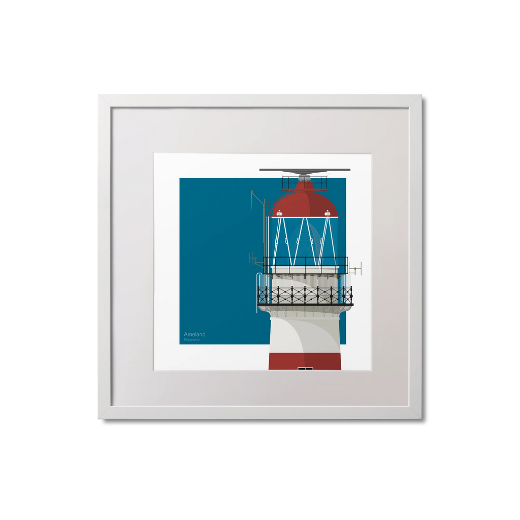 Square framed art print of a red and white lighthouse on a blue square background, measuring 20x20cm