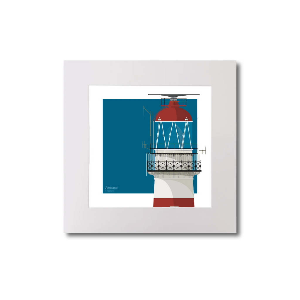 Medium sized square art print of a red and white lighthouse on a blue square background.