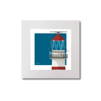 Medium sized square art print of a red and white lighthouse on a blue square background.