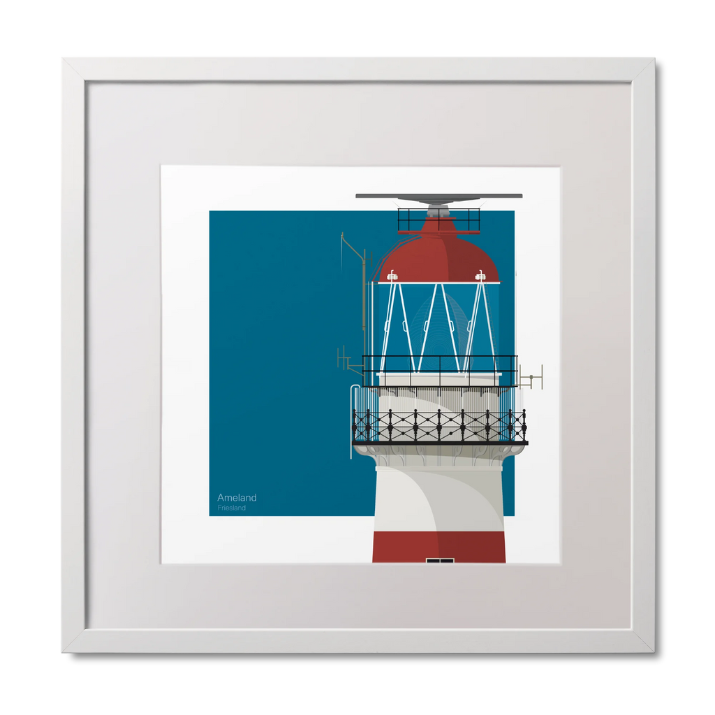 Square framed art print of a red and white lighthouse on a blue square background, measuring 30x30cm