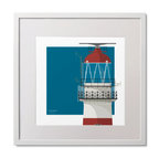 Square framed art print of a red and white lighthouse on a blue square background, measuring 30x30cm