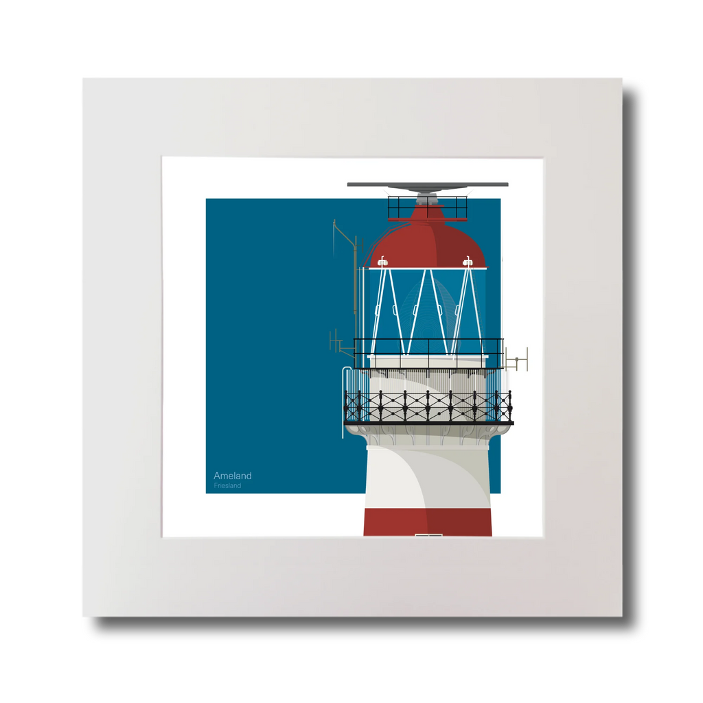 Square art print of a red and white lighthouse on a blue square background.