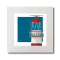 Square art print of a red and white lighthouse on a blue square background.