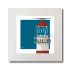 Square art print of a red and white lighthouse on a blue square background.