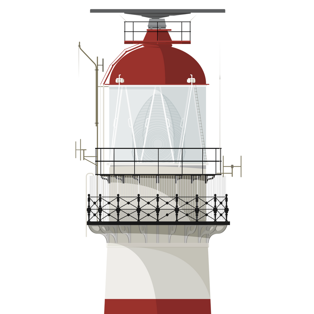 Detail of  an Illustration of a lighthouse with a red and white tower white and blue background