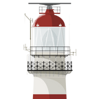 Detail of  an Illustration of a lighthouse with a red and white tower white and blue background