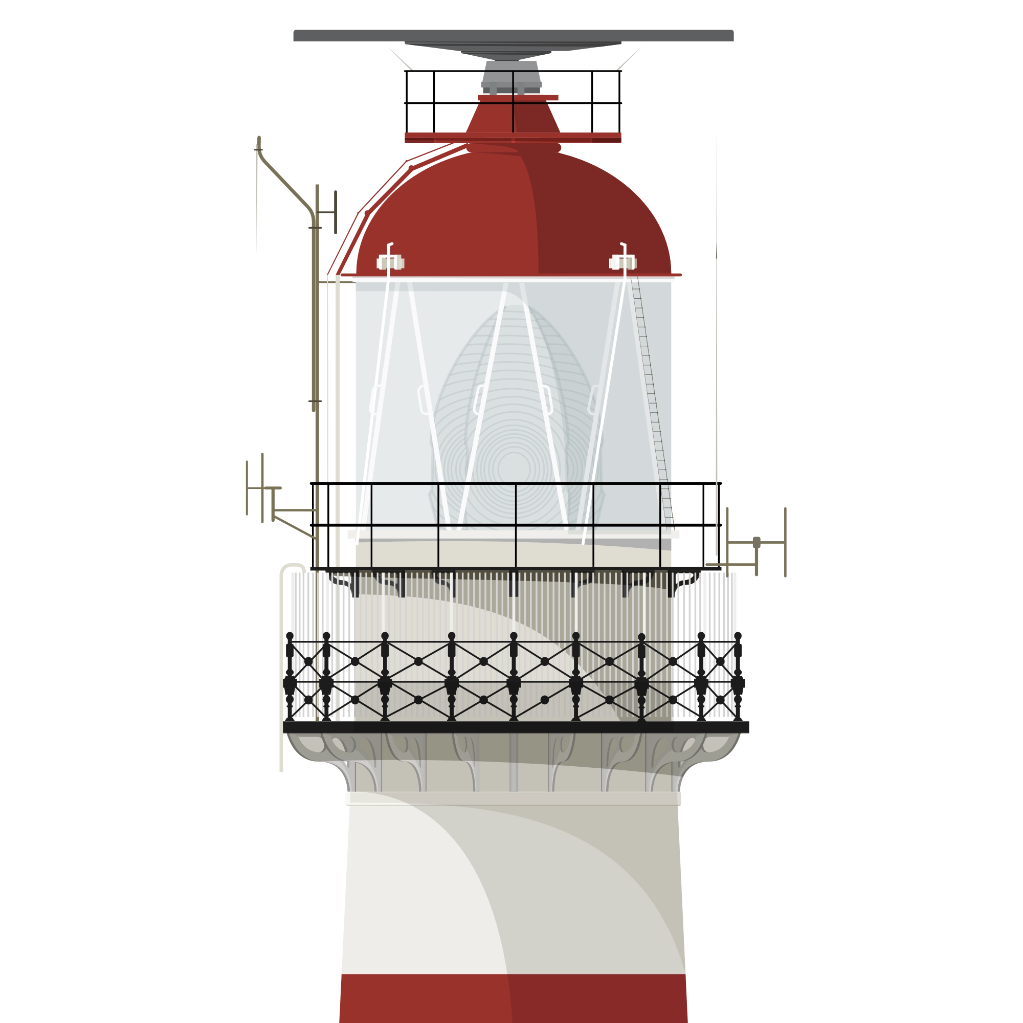 Detail of  an Illustration of a lighthouse with a red and white tower white and blue background