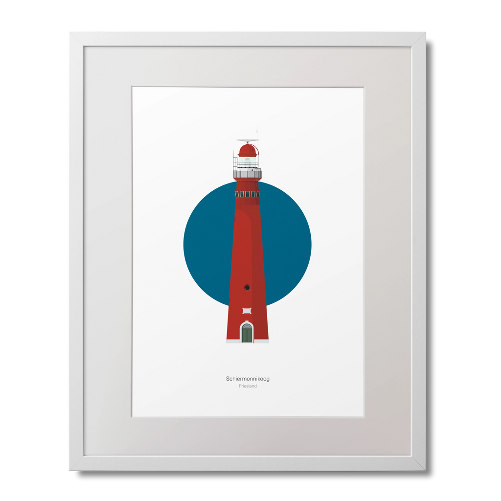 Framed artwork of a lighthouse with a blue circle on a white background