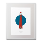 Framed artwork of a lighthouse with a blue circle on a white background