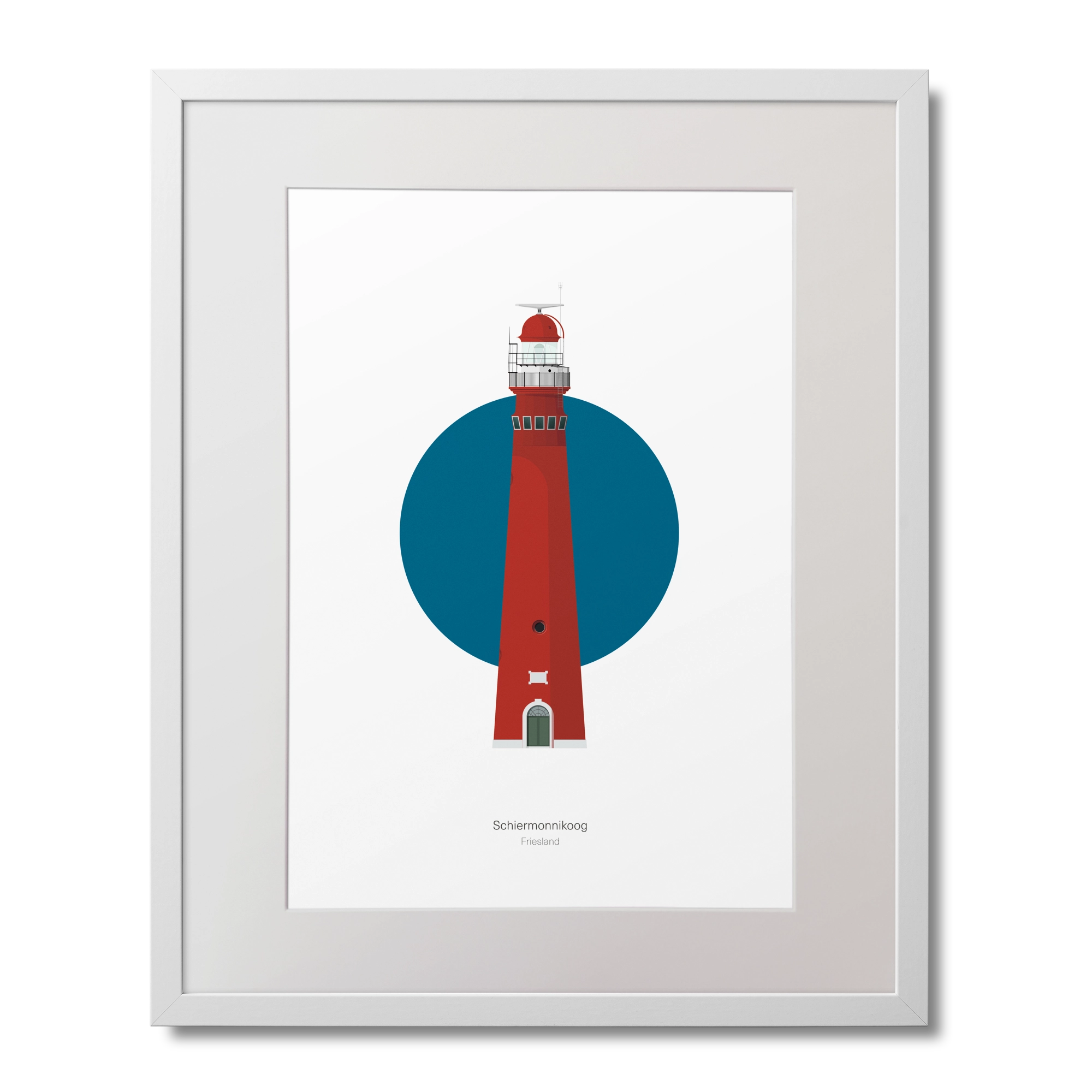Framed artwork of a lighthouse with a blue circle on a white background
