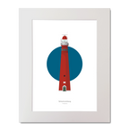 Illustrated artwork of a Dutch lighthouse with a blue circle on a white background