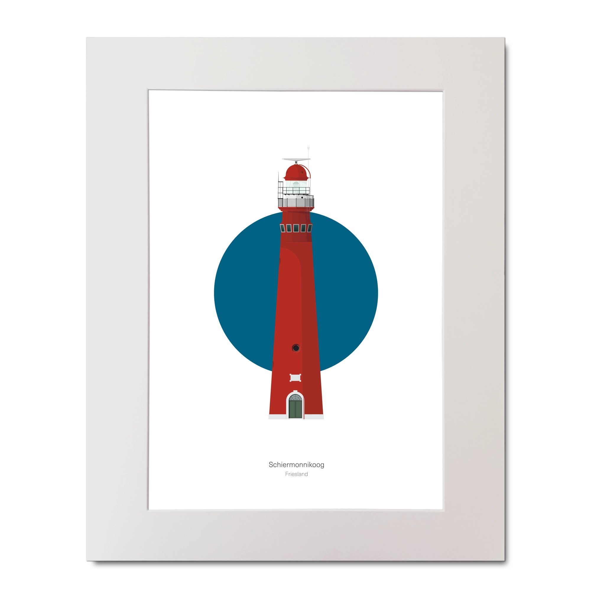 Illustrated artwork of a Dutch lighthouse with a blue circle on a white background