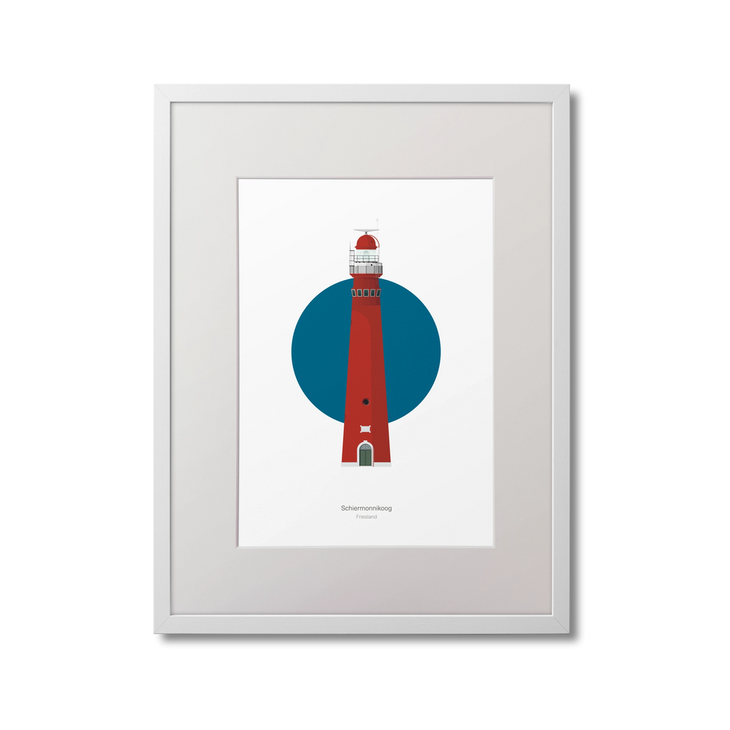 Framed illustration of Schiermonnikoog lighthouse with a blue circle on a white background