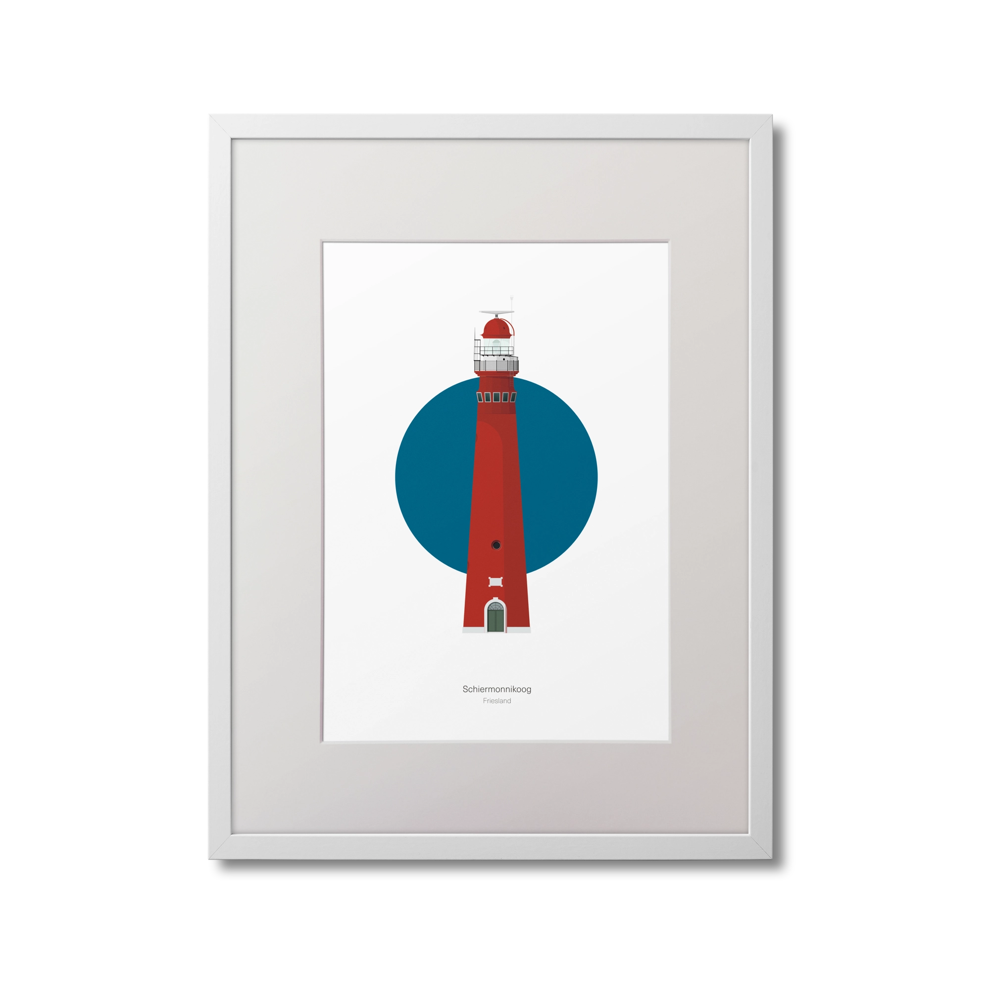 Framed illustration of Schiermonnikoog lighthouse with a blue circle on a white background