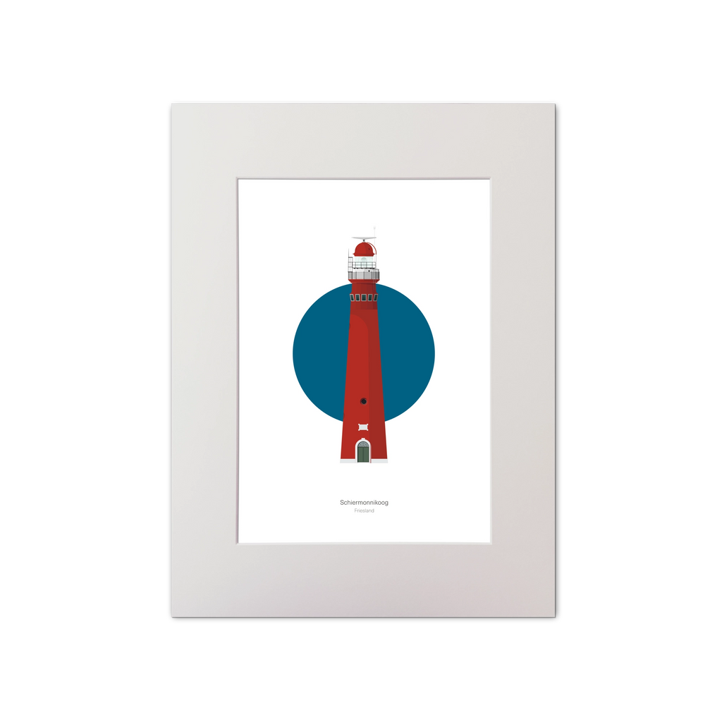 Artwork of Schiermonnikoog lighthouse with a blue circle on a white background