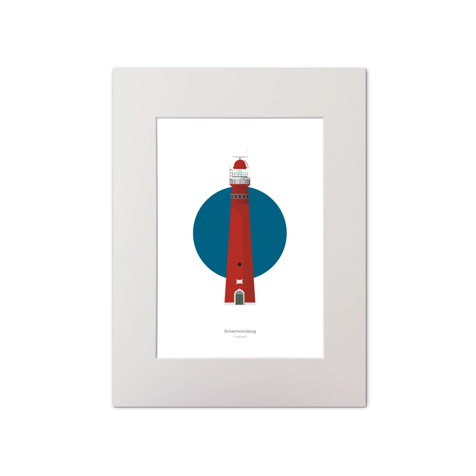 Artwork of Schiermonnikoog lighthouse with a blue circle on a white background