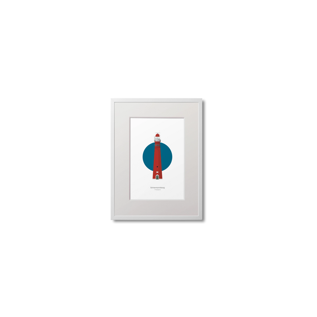 Framed lighthouse artwork with a blue circle and red tower on a white background