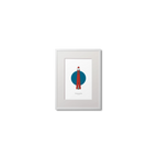 Framed lighthouse artwork with a blue circle and red tower on a white background