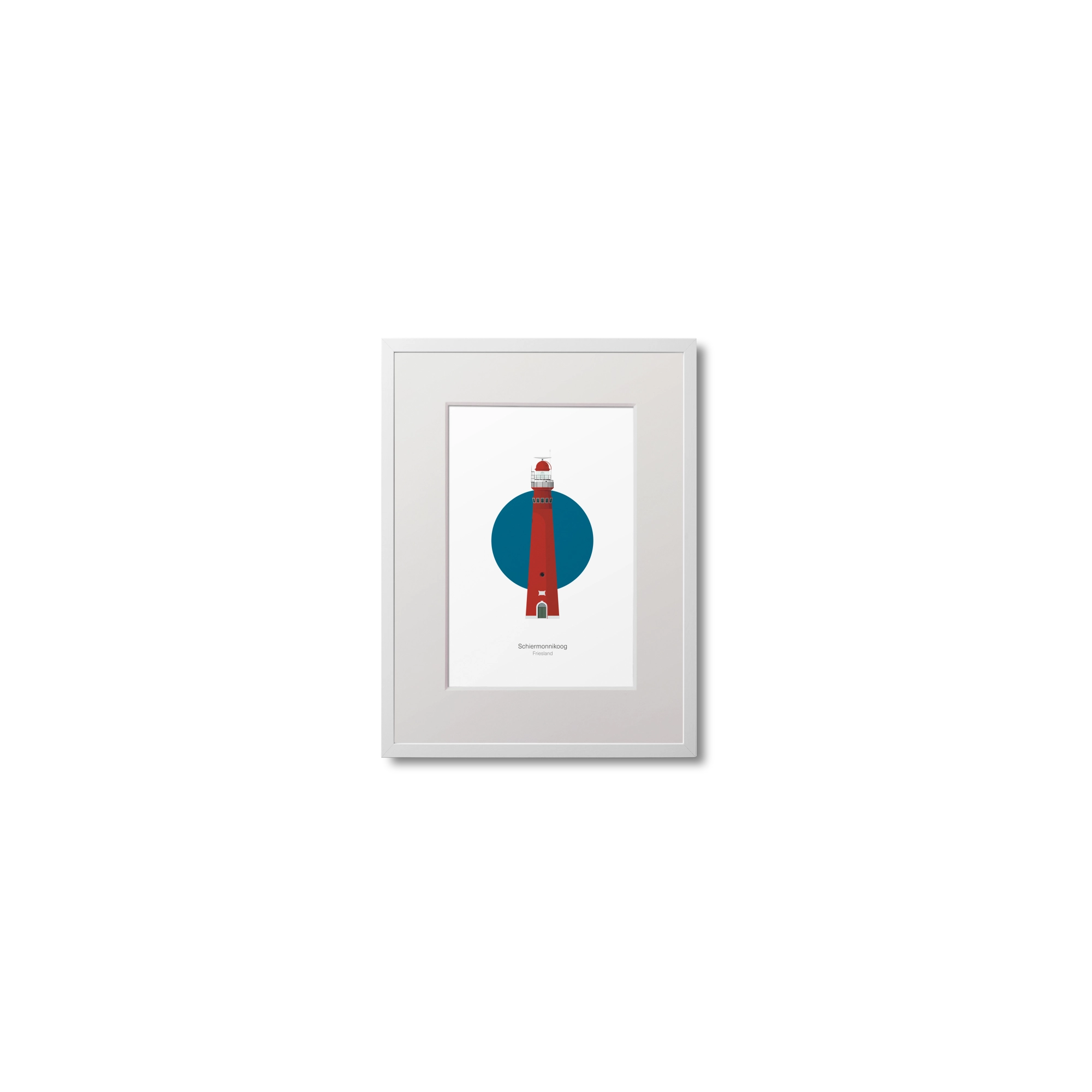 Framed lighthouse artwork with a blue circle and red tower on a white background