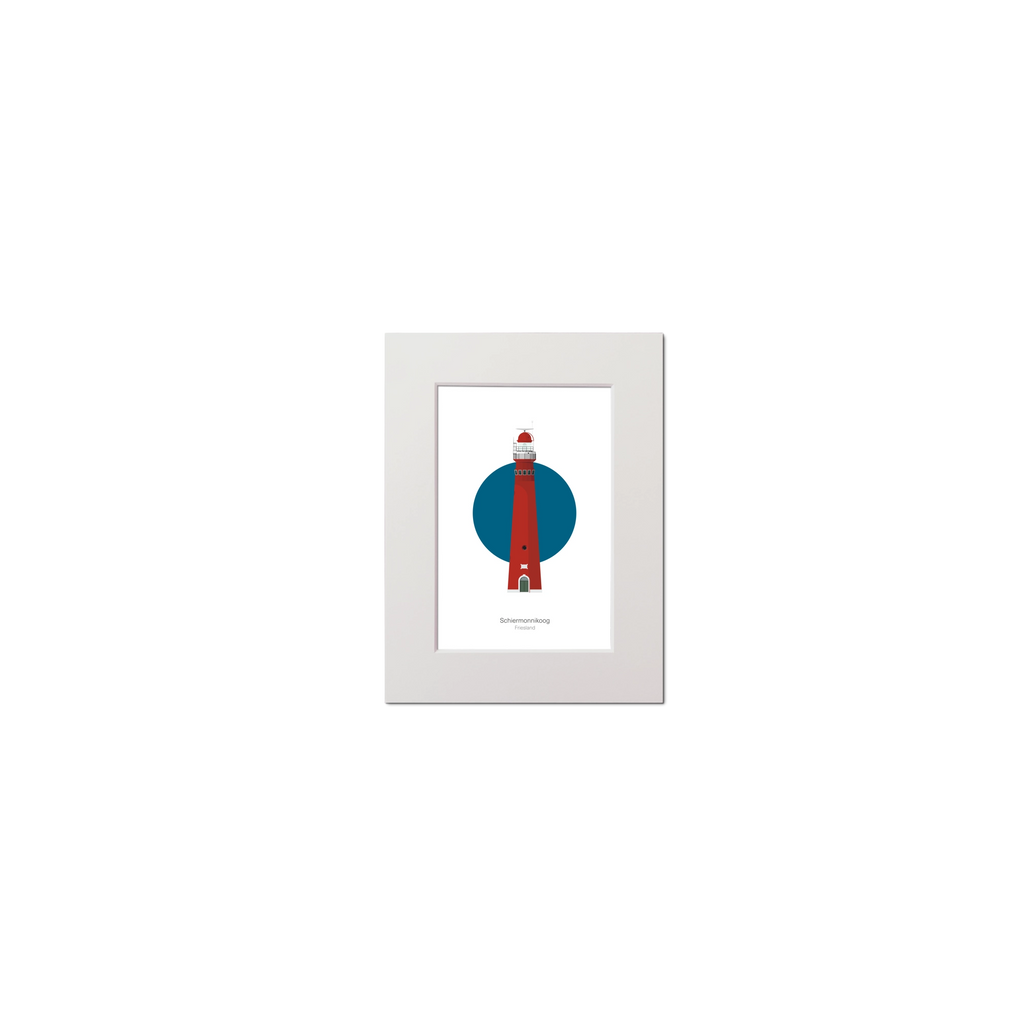 Artwork of Dutch lighthouse Schiermonnikoog with a blue circular background on white