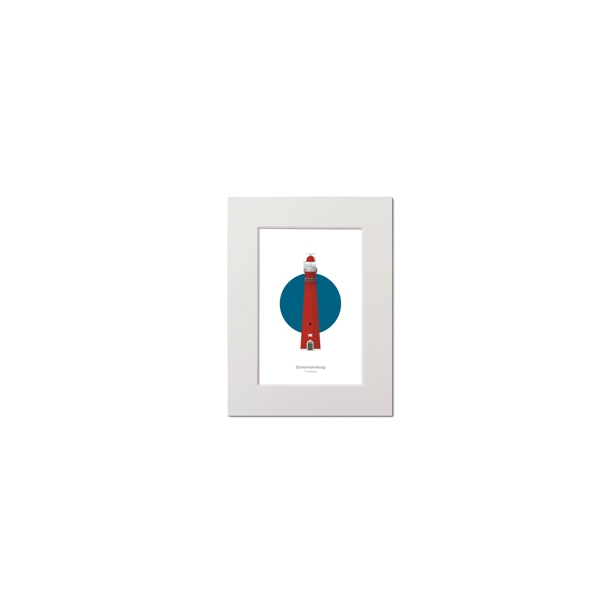 Artwork of Dutch lighthouse Schiermonnikoog with a blue circular background on white