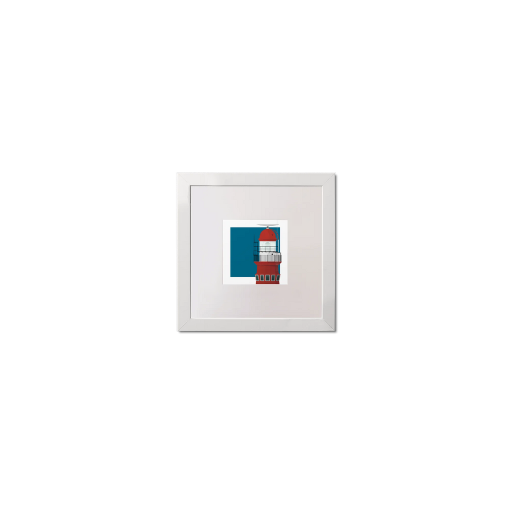 Square mini framed art print of a red lighthouse on a blue square background, measuring 10x10cm