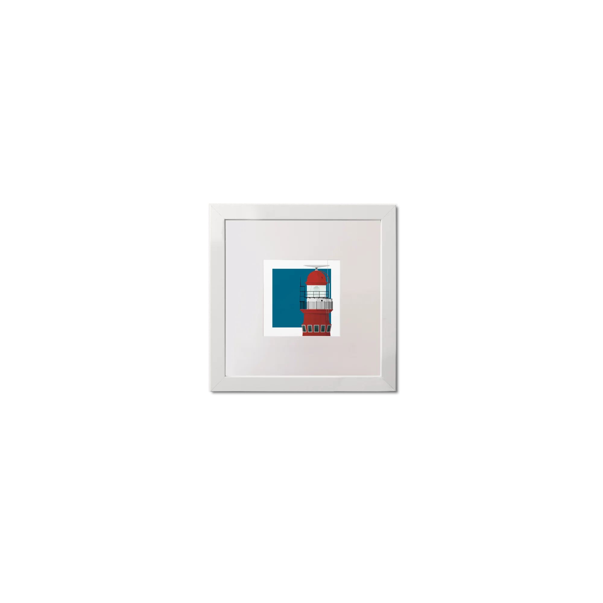 Square mini framed art print of a red lighthouse on a blue square background, measuring 10x10cm