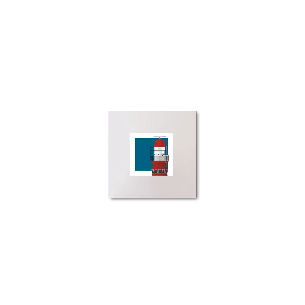 Small illustrated square print of a red lighthouse on a blue square background.