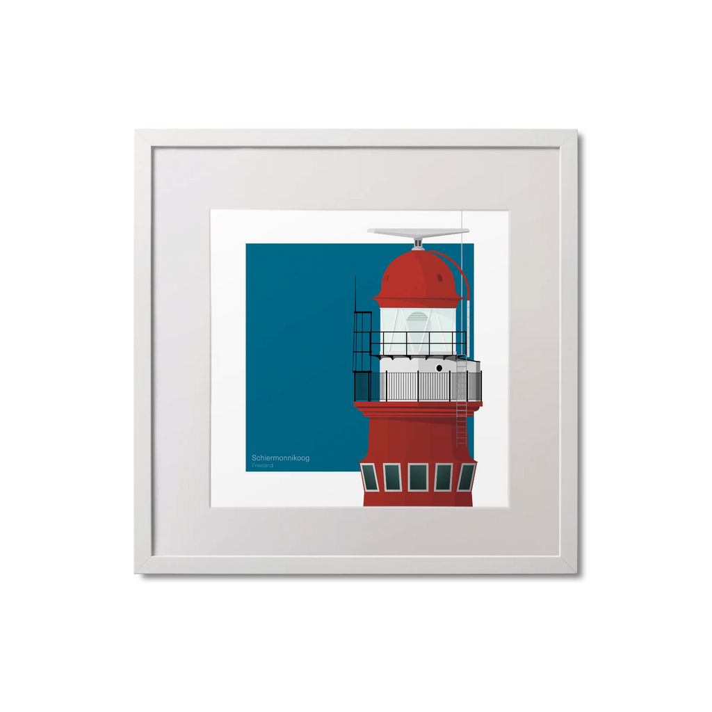 Square framed art print of a red lighthouse on a blue square background, measuring 20x20cm