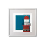 Square framed art print of a red lighthouse on a blue square background, measuring 20x20cm