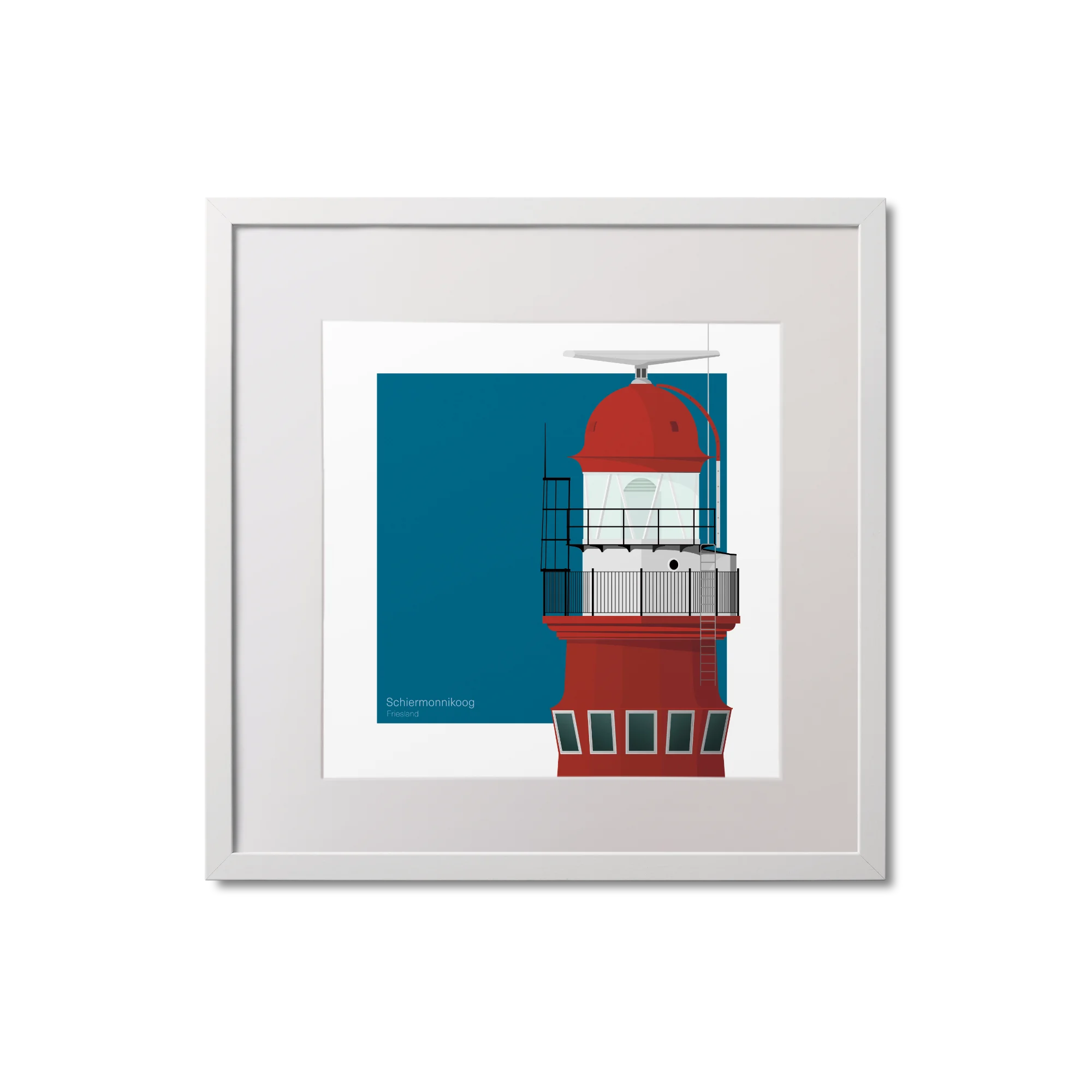 Square framed art print of a red lighthouse on a blue square background, measuring 20x20cm