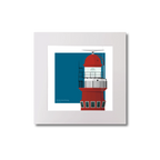Medium sized square art print of a red lighthouse on a blue square background.