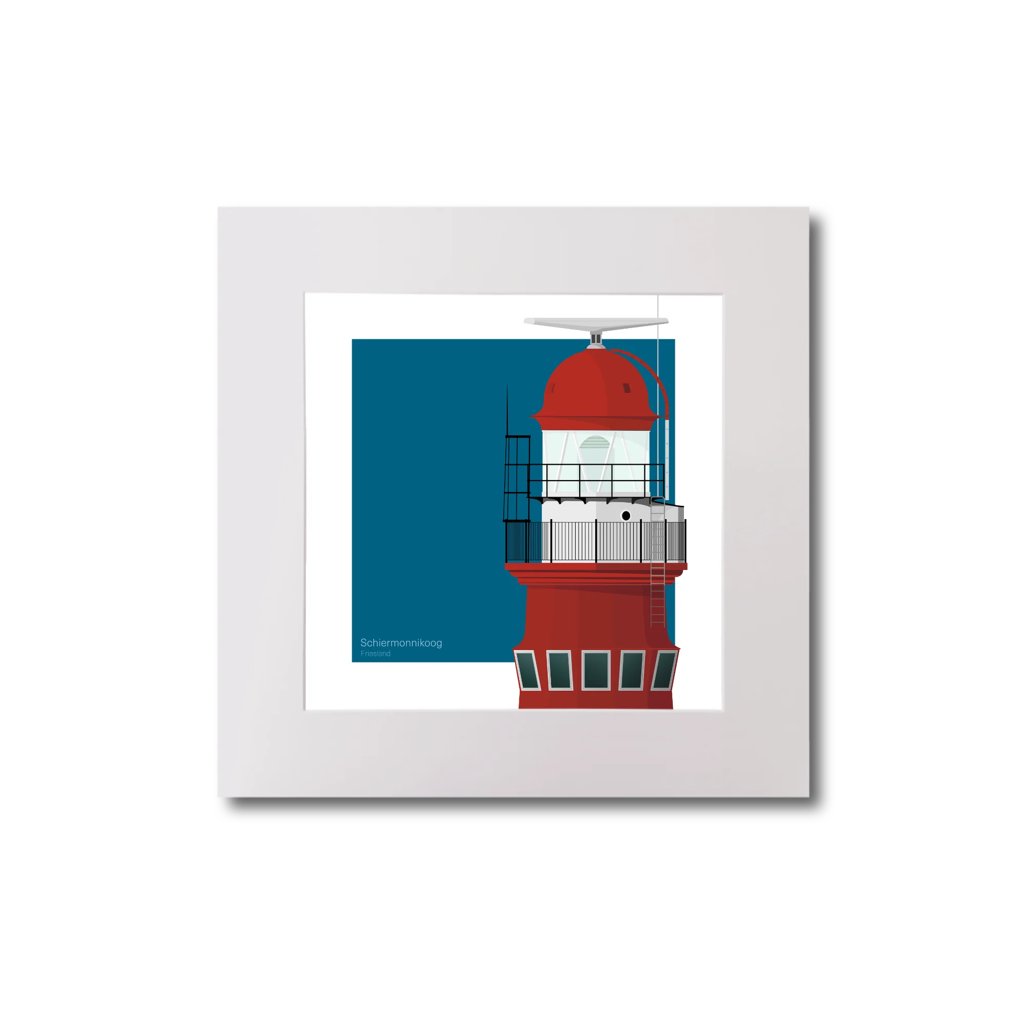 Medium sized square art print of a red lighthouse on a blue square background.