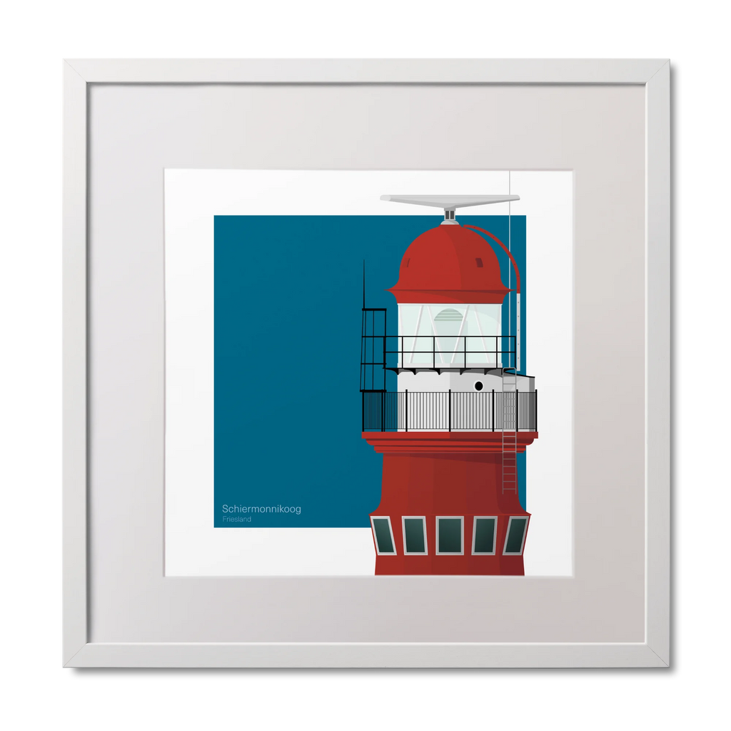 Square framed art print of a red lighthouse on a blue square background, measuring 30x30cm