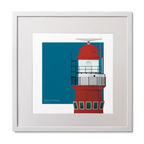 Square framed art print of a red lighthouse on a blue square background, measuring 30x30cm