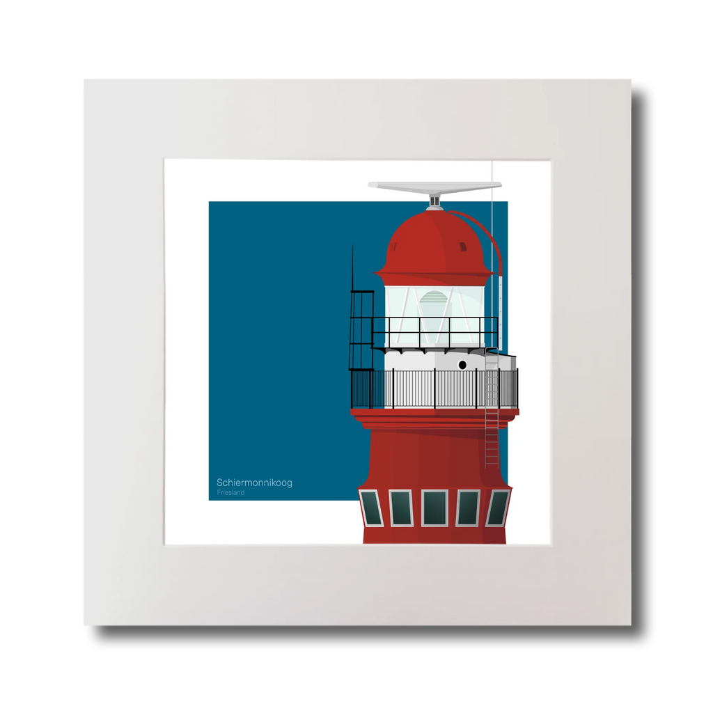 Square art print of a red lighthouse on a blue square background.