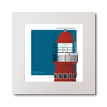 Square art print of a red lighthouse on a blue square background.