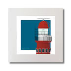 Square art print of a red lighthouse on a blue square background.