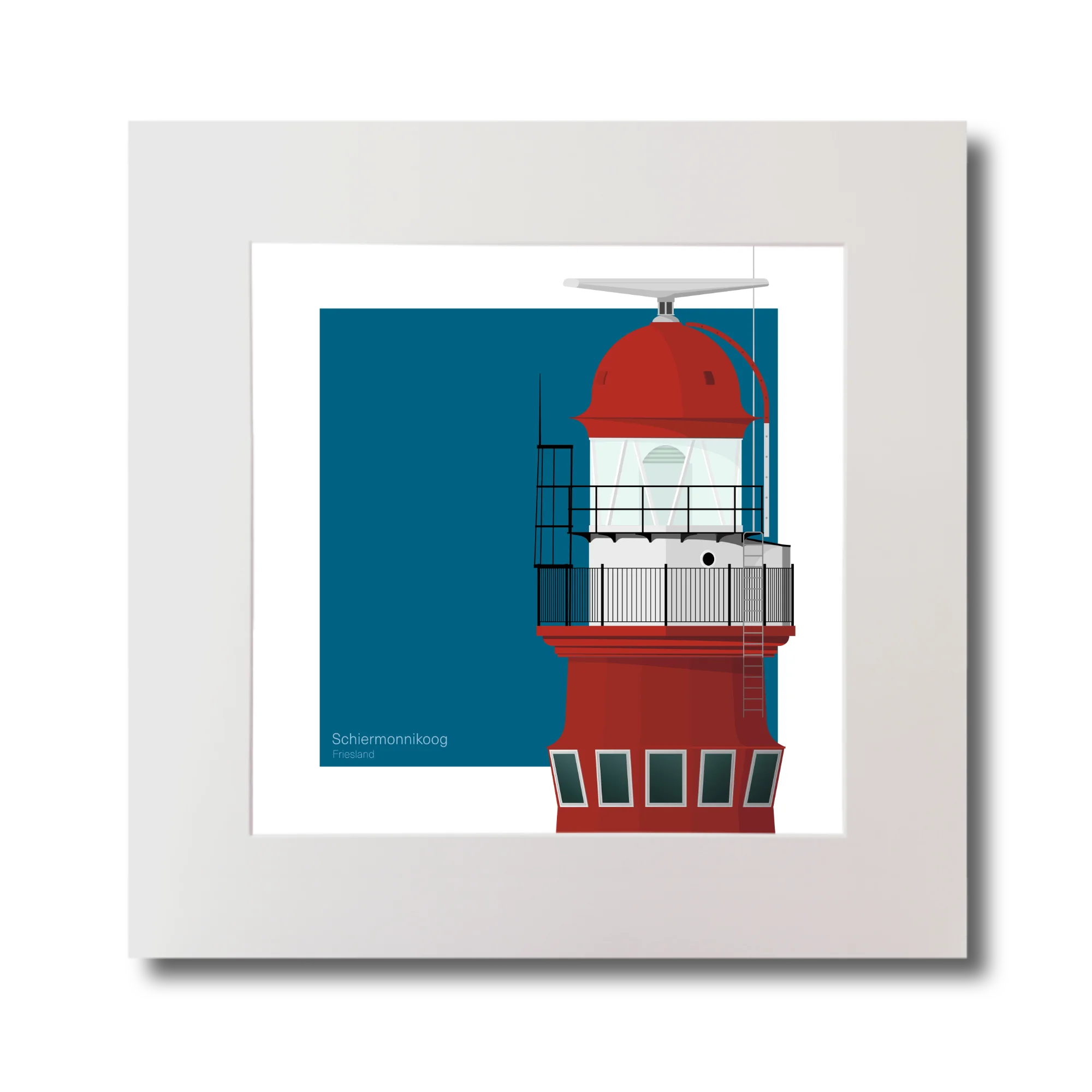 Square art print of a red lighthouse on a blue square background.