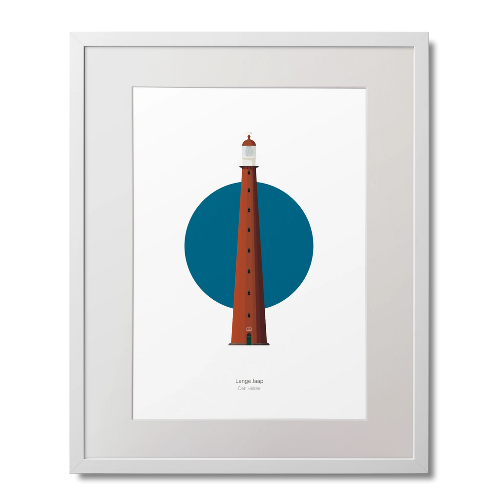 Framed artwork of a lighthouse with a blue circle on a white background