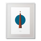 Framed artwork of a lighthouse with a blue circle on a white background