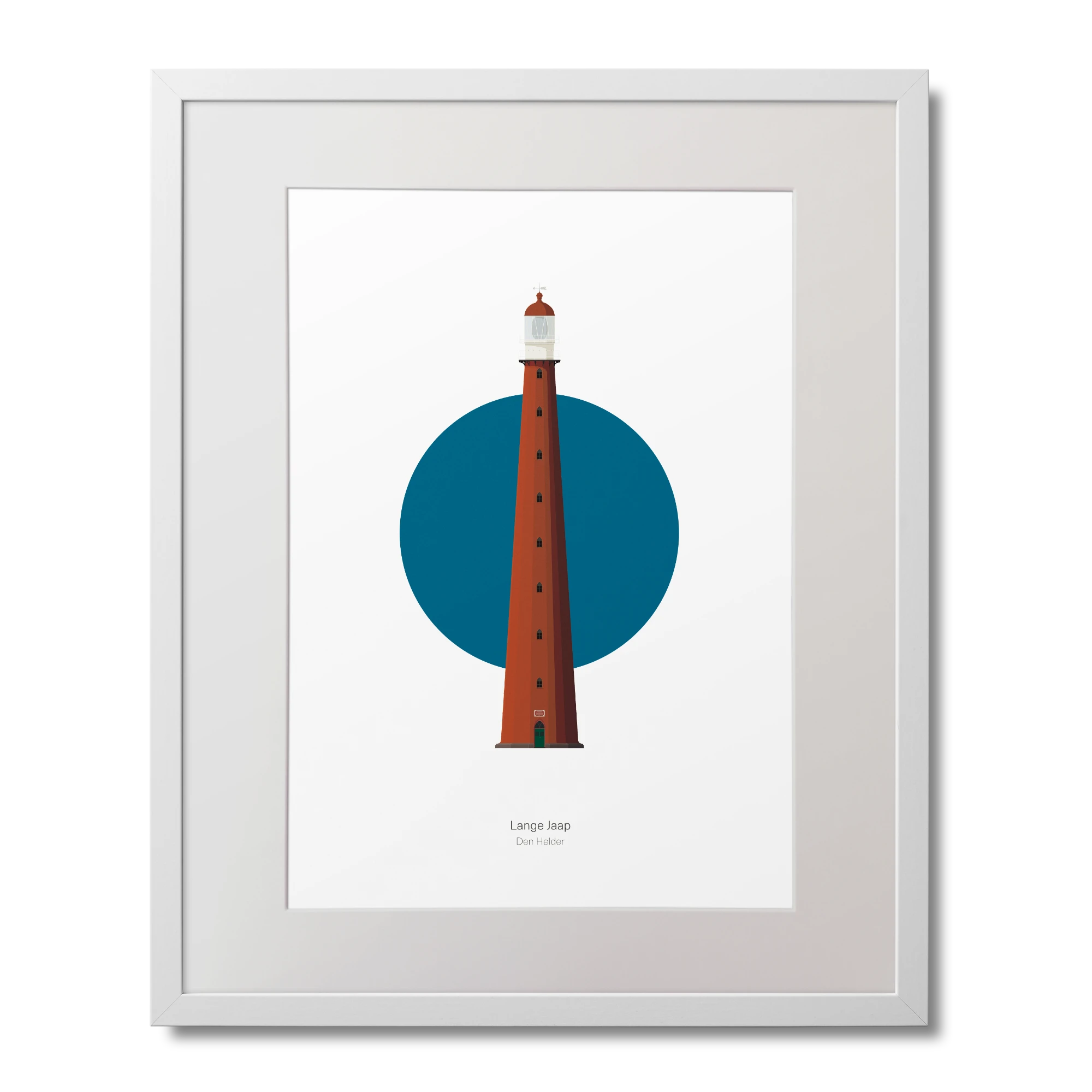 Framed artwork of a lighthouse with a blue circle on a white background