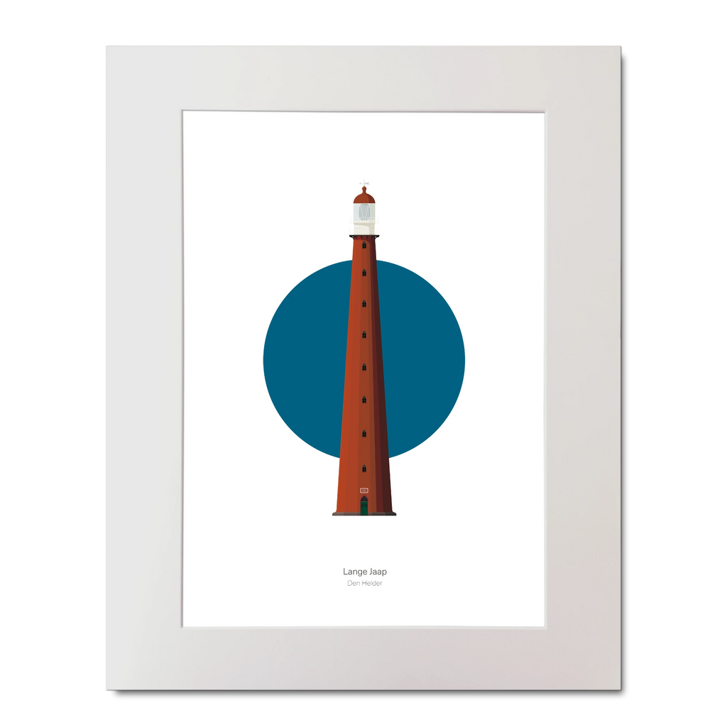 Illustrated artwork of a Dutch lighthouse with a blue circle on a white background
