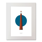 Illustrated artwork of a Dutch lighthouse with a blue circle on a white background