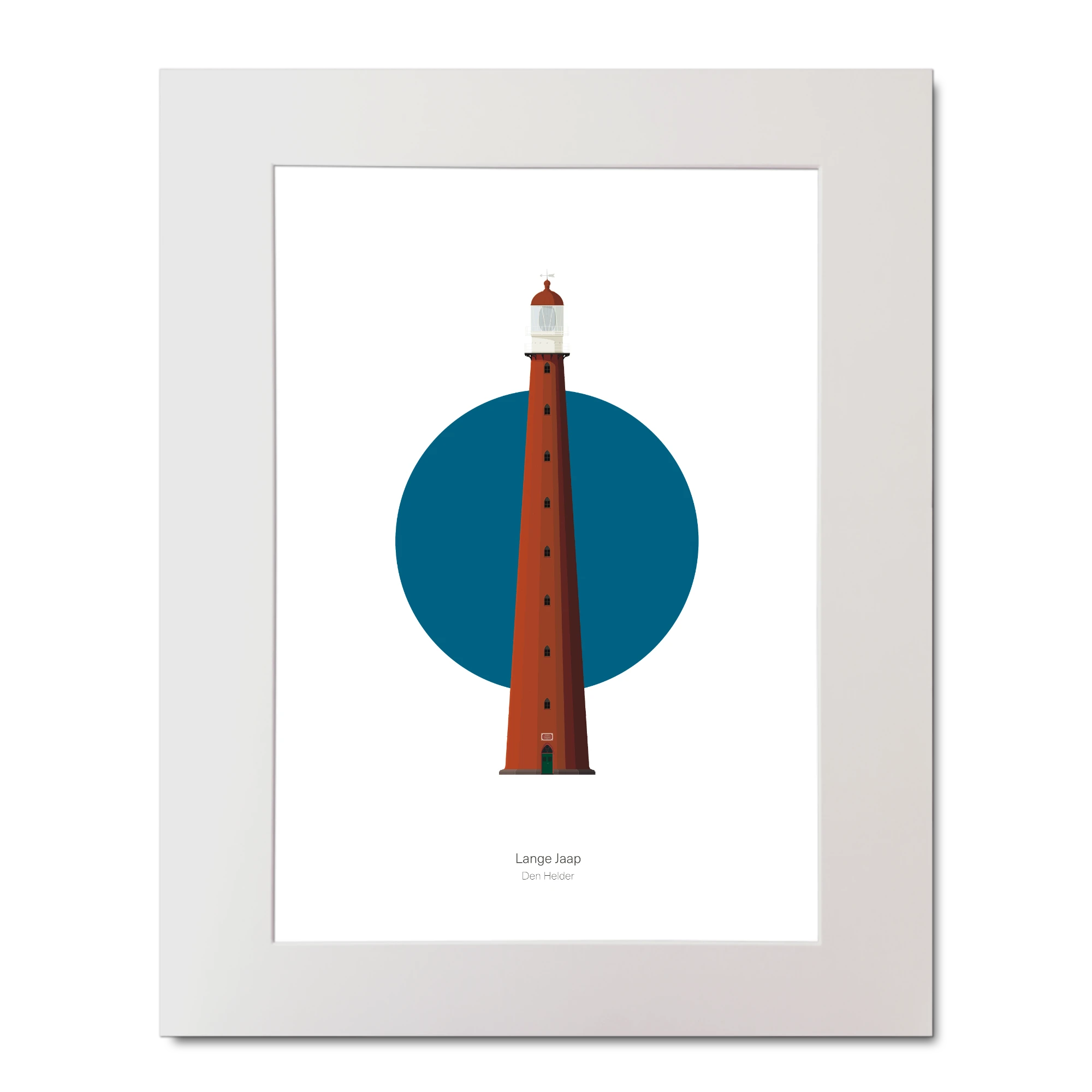 Illustrated artwork of a Dutch lighthouse with a blue circle on a white background