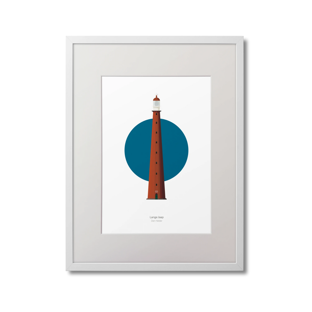 Framed illustration of Lange Jaap lighthouse with a blue circle on a white background