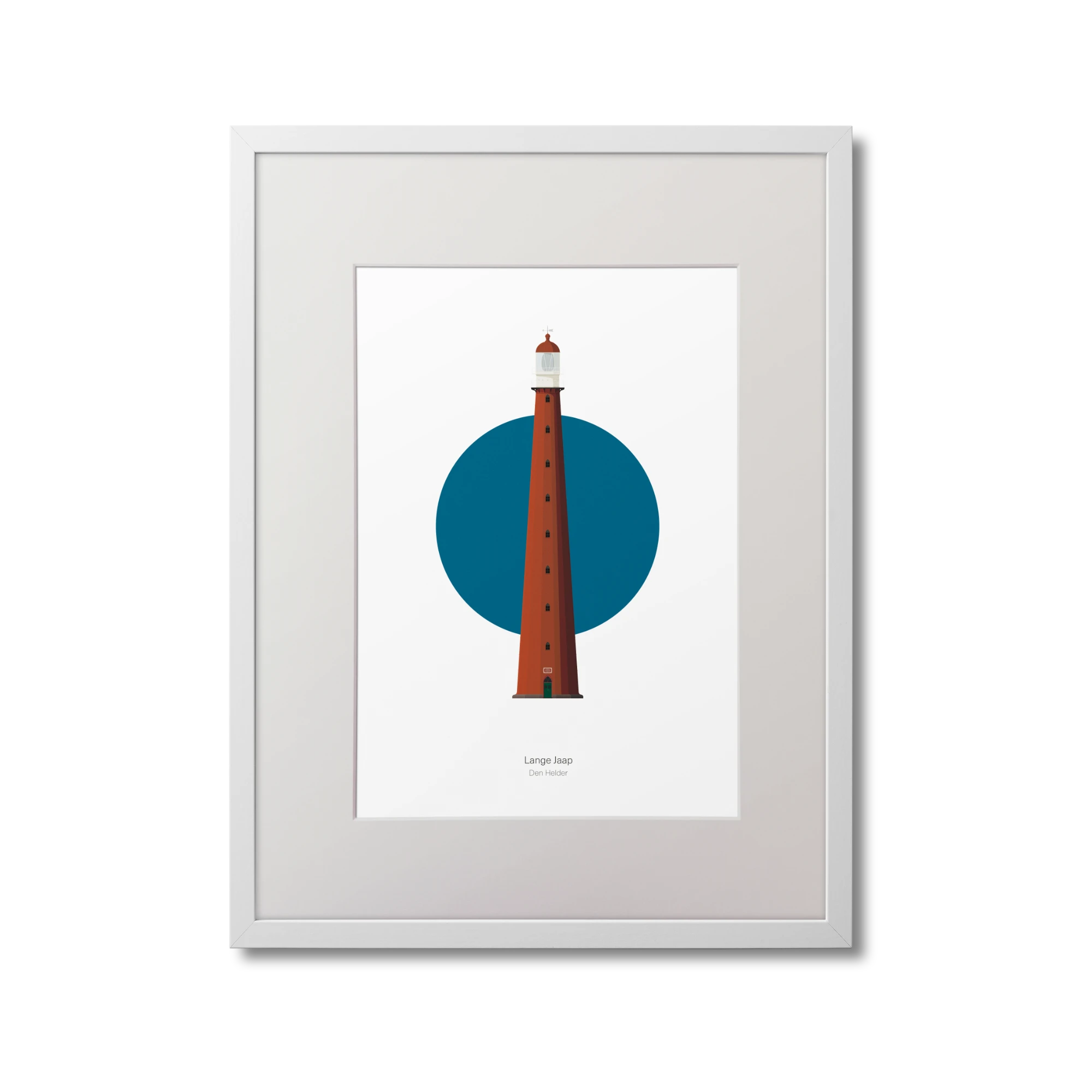 Framed illustration of Lange Jaap lighthouse with a blue circle on a white background