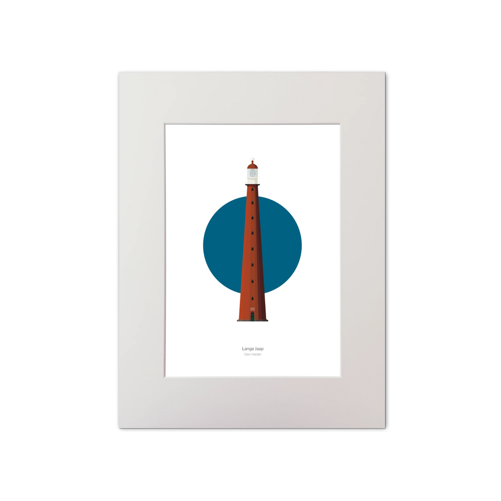 Artwork of Lange Jaap lighthouse with a blue circle on a white background