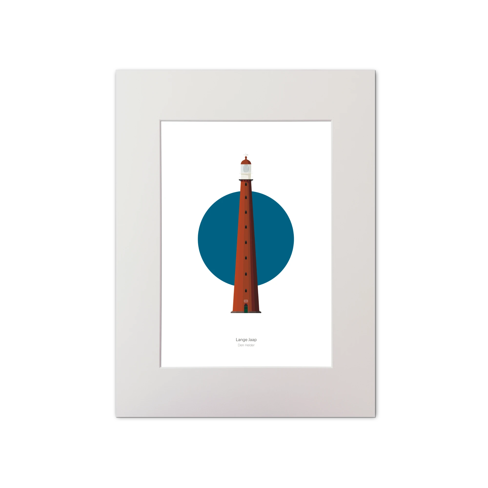 Artwork of Lange Jaap lighthouse with a blue circle on a white background