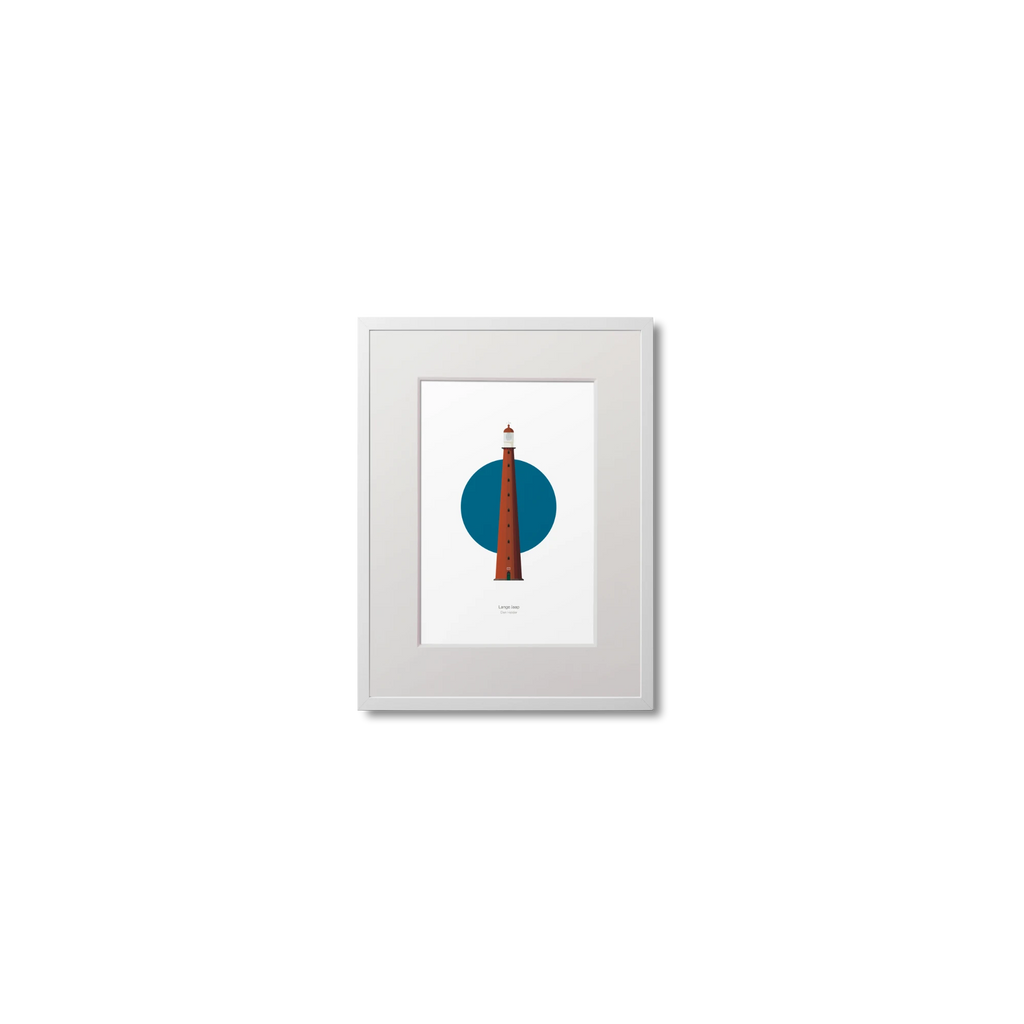 Framed lighthouse artwork with a blue circle and red tower on a white background